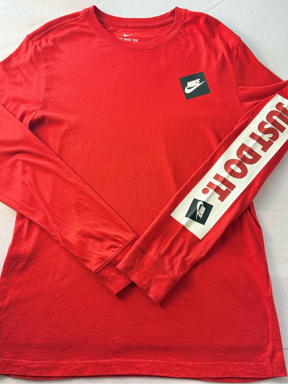 Nike Red Long-Sleeve Tee with 'Just Do It' Sleeve Graphic